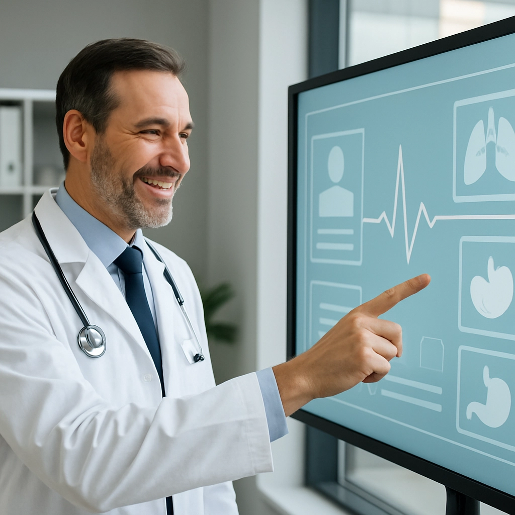 A realistic, high-quality image of a professional male physician in a modern office, pointing at a large touchscreen monitor displaying a clean and clear abstract interface with heart rate lines, organ icons, and patient story icons, with no readable text or numbers. The physician looks engaged and satisfied, and the image must strictly feature no text, letters, or words.
