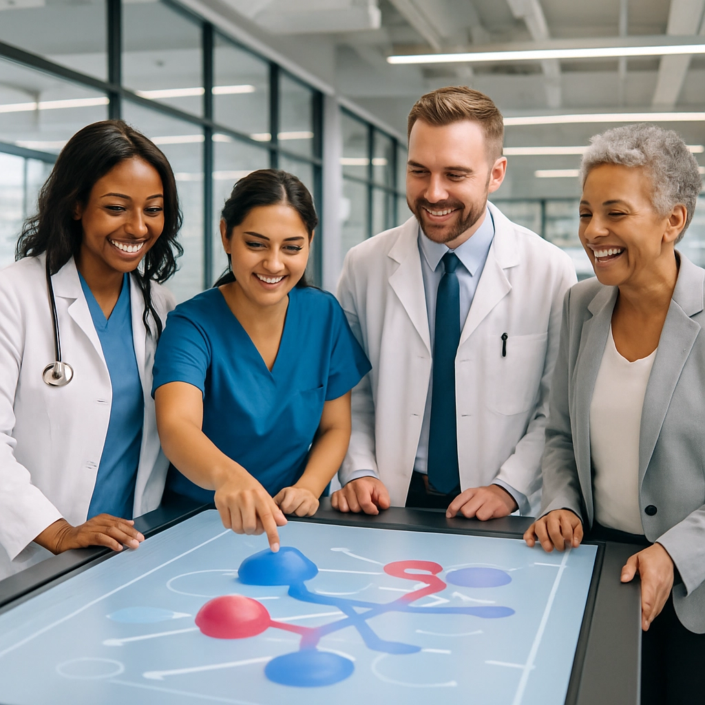 A realistic, high-quality image of a diverse group of happy, confident healthcare professionals (doctors, nurses, and administrators) in a bright, modern innovation lab, collaborating around a large interactive table display showing abstract 3D models and flow diagrams, with no readable text or letters anywhere in the image. The mood is optimistic and collaborative, representing the future of healthcare innovation.