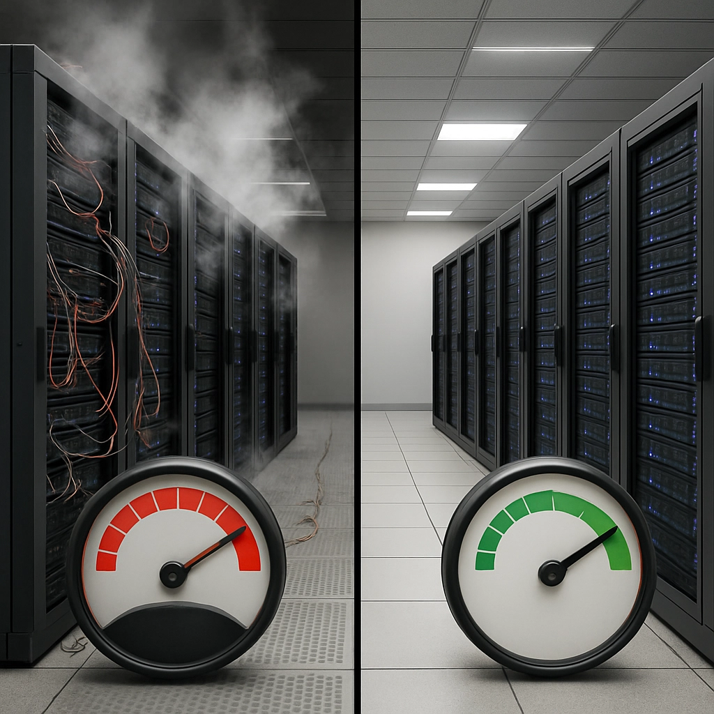 A realistic, high-quality, and detailed image showing a visual comparison between traditional log analytics indexing (with heavy resource consumption) and the new AWS analytics engine (with efficient, streamlined process). The image should depict two data centers side by side, one with overwhelmed servers and high cost meter, and the other with smooth operation and low cost, without any text, letters, or words