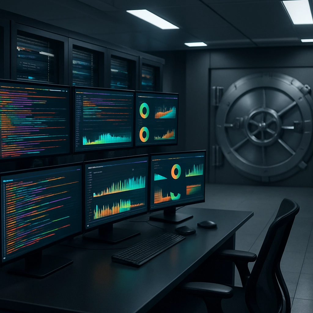 A realistic, high-quality image of a futuristic bank's IT monitoring center, with multiple screens displaying colorful logs and analytics dashboards, and a secure vault door next to the servers, symbolizing security and compliance, without any text, letters, or words