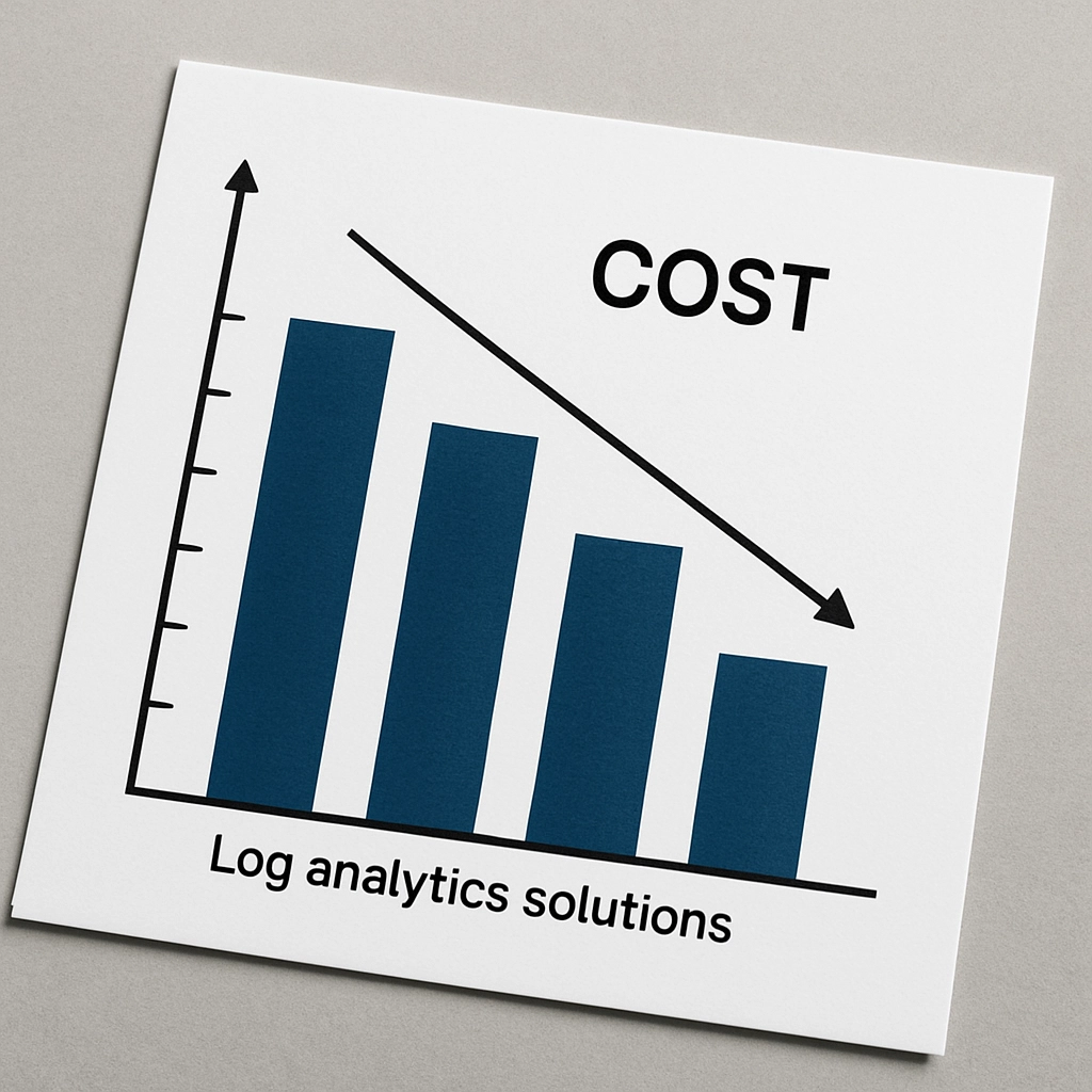 A realistic, high-quality image showing a comparison chart of a bar graph with decreasing cost bars for different log analytics solutions, with AWS OpenSearch (Analytics Engine) at the bottom with the lowest cost, while other providers (Splunk and Elastic) are higher, the image should be clean and professional, with no text, letters, or words