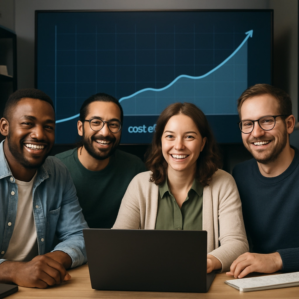 A realistic, high-quality image of a team of engineers and IT professionals in a modern office, sitting together in front of a large screen displaying a cost efficiency graph, with happy expressions as they manage their log analytics pipeline, symbolizing the future of data management, without any text, letters, or words