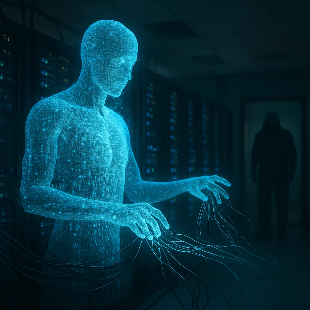 A realistic, futuristic office scene with a large, translucent, humanoid AI figure made of binary code and digital particles, standing in a server room, with cables and data streams flowing from its fingers, while a faint, shadowy hooded figure lurks in the background, representing the hidden nature of shadow agents, the image is in a dimly lit environment with blue and green glow, and it must be created WITHOUT ANY TEXT, LETTERS, OR WORDS