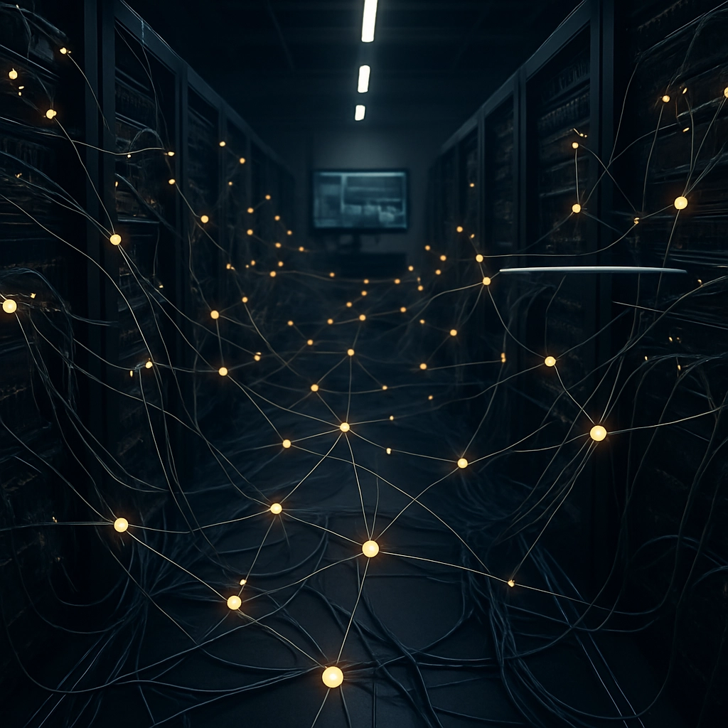 A realistic, high-quality image of a modern, dimly lit corporate data center with rows of servers and network cables, but superimposed with a subtle, semi-transparent web of digital agents (depicted as small, glowing orbs) moving along the cables and between servers, some of which are not connected to the central monitoring dashboard shown on a screen in the background. The scene is top-down, with a sense of chaos and hidden activity. The image must be generated WITHOUT ANY TEXT, LETTERS, OR WORDS