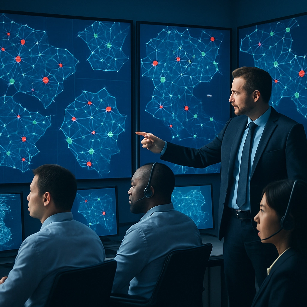 A realistic image of a diverse team of IT security analysts and data scientists sitting in a modern cyber security operations center, monitoring large wall screens that show fragmented maps of AI agents and their interconnections, with some agents highlighted in red for risk and others in green, while a leader points at a screen with a gesture indicating control, the room is lit with blue screens and there is a sense of urgency and order, the image must be WITHOUT ANY TEXT, LETTERS, OR WORDS