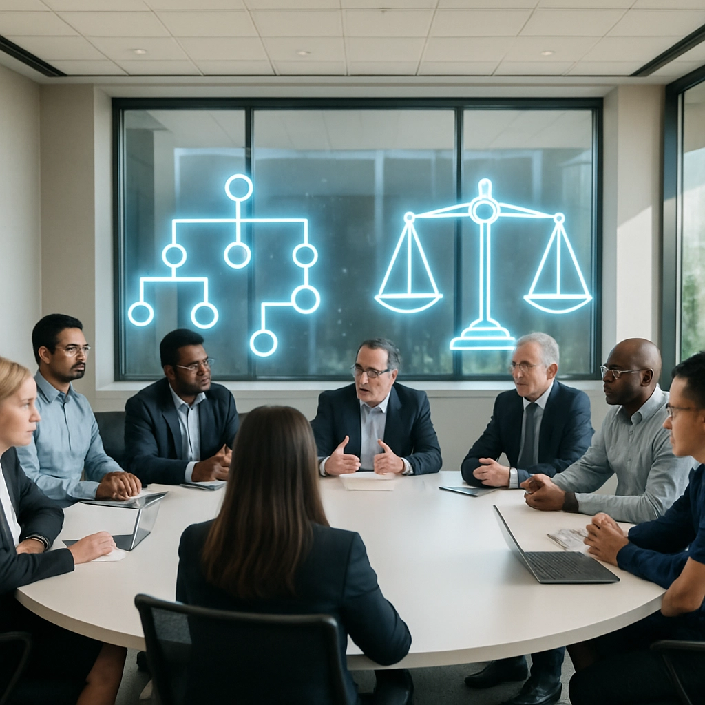 A realistic, wide-angle shot of a bright, modern corporate meeting room where a diverse group of executives, IT professionals, and business leaders are seated around a large, circular table, engaged in a discussion, with a holographic projection of a decision-tree diagram and a balanced scale of justice floating above the center, representing ethical and accountable AI governance, the room has floor-to-ceiling windows with sunlight, and the atmosphere is collaborative and forward-looking, the image is to be generated WITHOUT ANY TEXT, LETTERS, OR WORDS