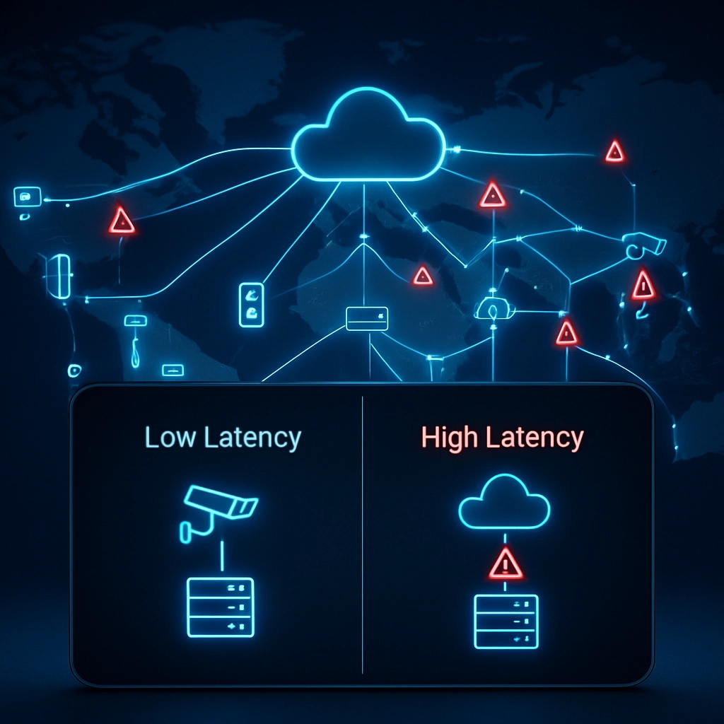 A photorealistic image of a global map with interconnected points, showing data flowing from edge devices like sensors and cameras to a central cloud, but with red warning indicators showing latency spikes. In the foreground, a split screen shows the same data being processed at the edge with low latency on one side, and high latency from the cloud on the other. The style is professional, with a futuristic touch, featuring glowing blue lines and server icons, but no text, letters, or words.