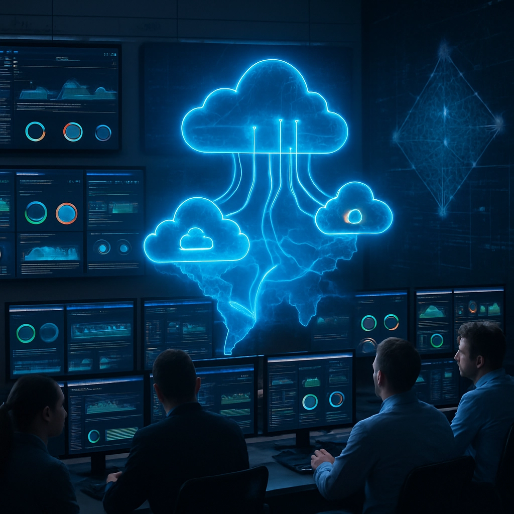 A photorealistic image of a central control room with multiple screens showing live dashboards for AWS, Azure, and Google Cloud environments, as well as on-premise servers. A team of engineers is monitoring the screens, with a large, glowing blue holographic map in the center showing data pipelines moving between clouds. The walls are covered with network diagrams and AI models being trained. The image conveys a sense of complexity and command, with no text, letters, or words in the scene.