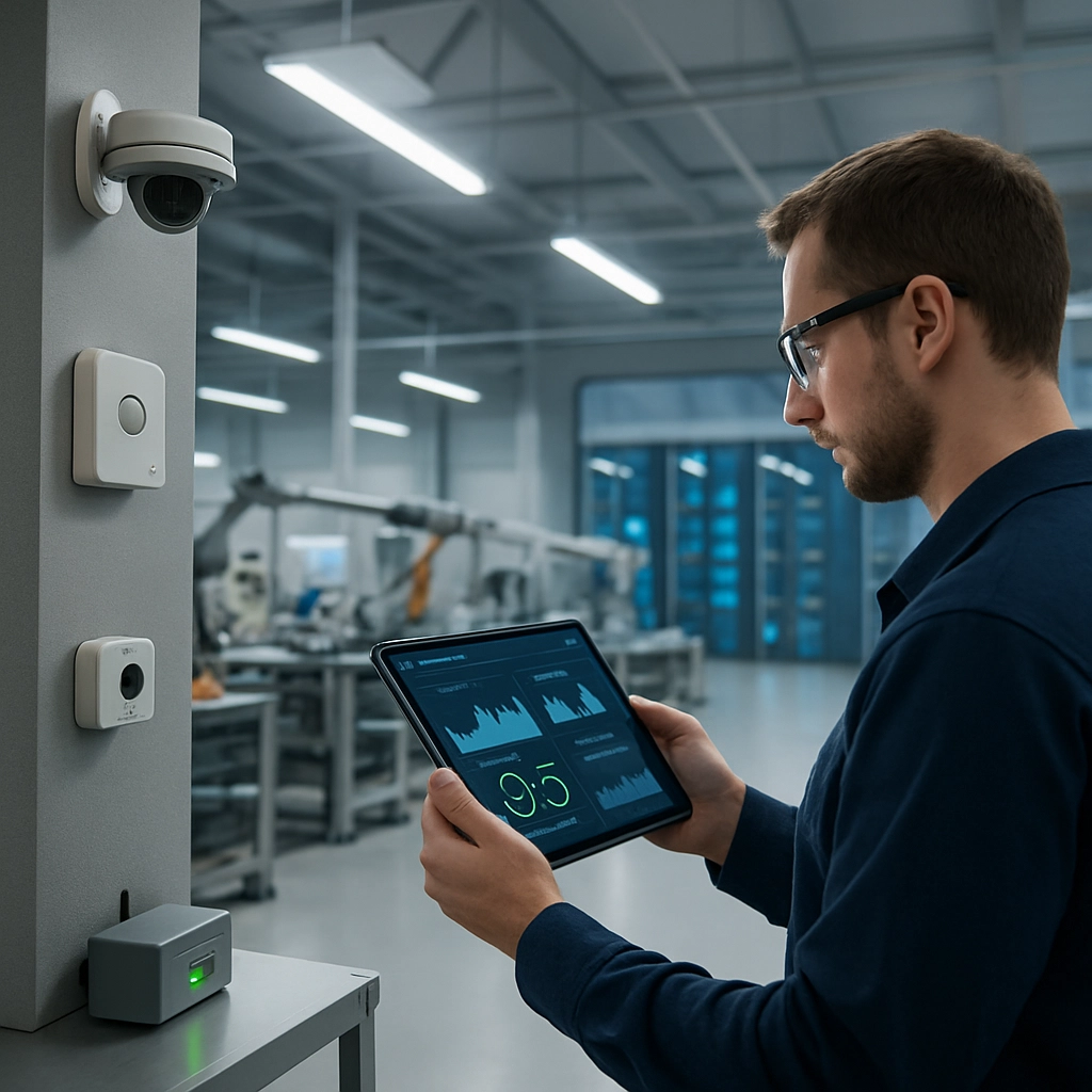 A photorealistic image of a modern smart office or factory floor with multiple edge devices (cameras, sensors, small control units) visibly embedded in the environment. In the background, a soft-focus view of a cloud data center, but the center focus is on a worker holding a tablet showing real-time analytics. The scene illustrates the seamless integration of edge AI and cloud orchestration, with lighting that suggests modernity and intelligence. The image must contain no text, letters, or words.