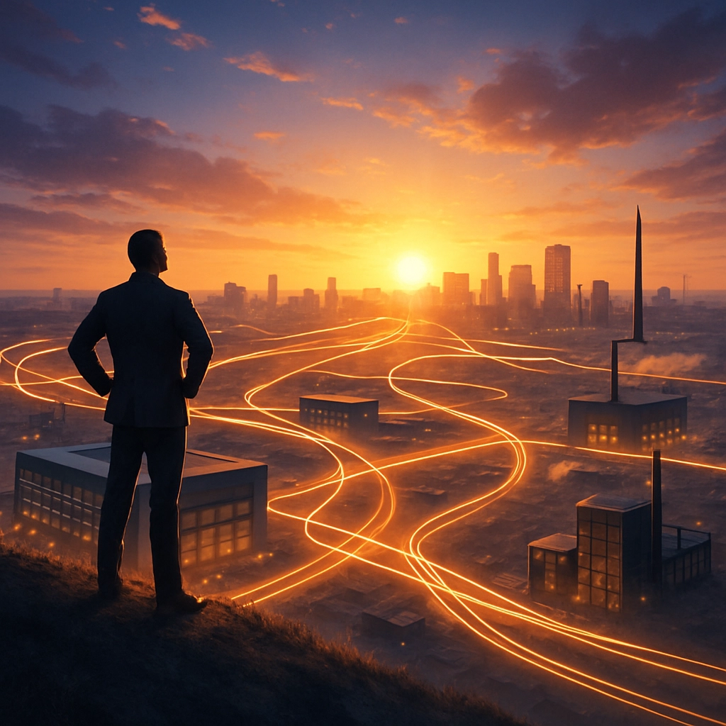A photorealistic, inspiring image of a sunrise over a futuristic city, where the skyline is composed of data centers, remote offices, and industrial facilities, all connected by glowing, weaving lines of energy representing data flow. In the foreground, a leader standing on a hill, looking toward the city, symbolizing vision and strategy. The image should convey a sense of optimism and control, using a color palette of deep blues, warm oranges, and subtle purples, and must contain no text, letters, or words.