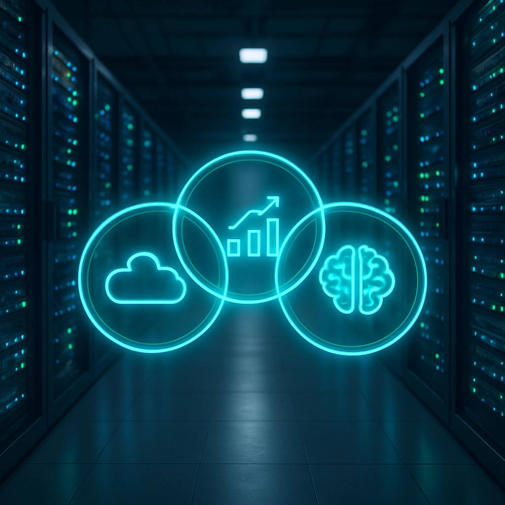 A photorealistic image of a large, modern data center with rows of servers, illuminated by blue and green LED lights. In the foreground, a holographic interface displays three interlocking rings, each labeled with icons representing cloud management, financial analytics, and AI brain. The atmosphere is high-tech and organized, conveying a sense of integrated control. No text, letters, or words are present in the image.