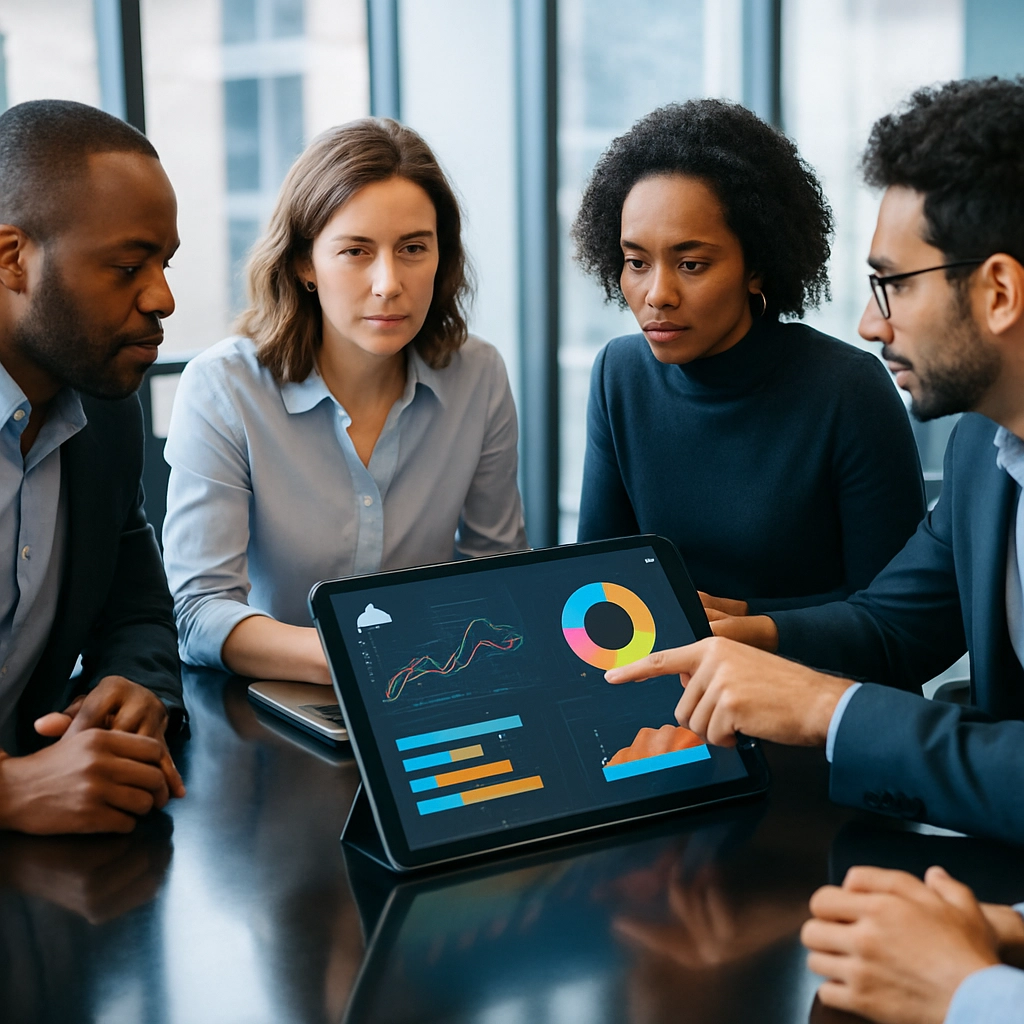 A photorealistic image of a modern office meeting room, where a team of diverse professionals is sitting around a glossy table. On the table, a large interactive touchscreen displays a dashboard with colorful charts and graphs, showing cloud resource usage and cost analytics. The team is actively discussing the data, pointing at the screen. The lighting is bright and natural, with a sense of collaborative decision-making. No text, letters, or words are present in the image.
