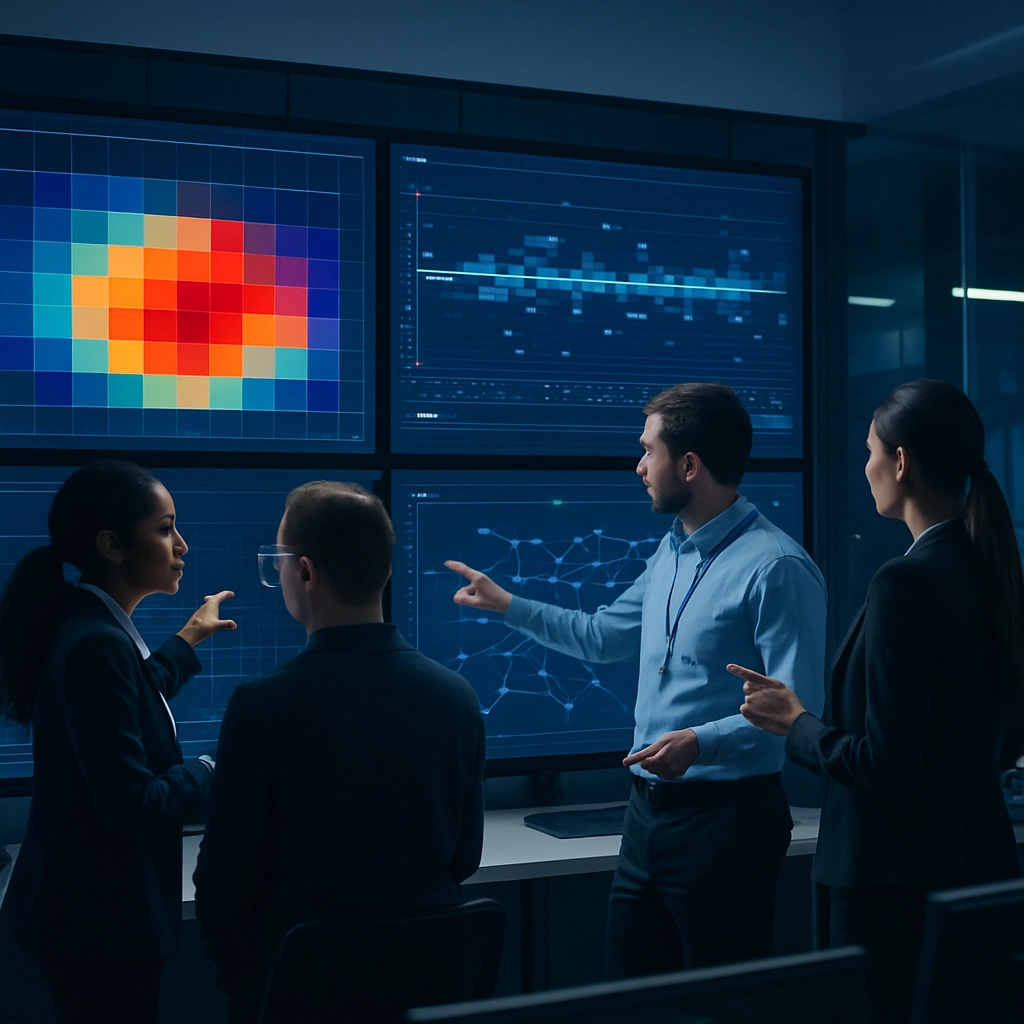 A photorealistic image of a team of IT professionals working together in a high-tech operations center. They are standing in front of a large wall of screens, one displaying a heat map of cloud cost, another showing a timeline of system alerts, and a third with a neural network diagram. The team is collaborating, pointing at different screens. The atmosphere is focused and intense, with modern office furniture and subtle blue and white lighting. No text, letters, or words are present in the image.