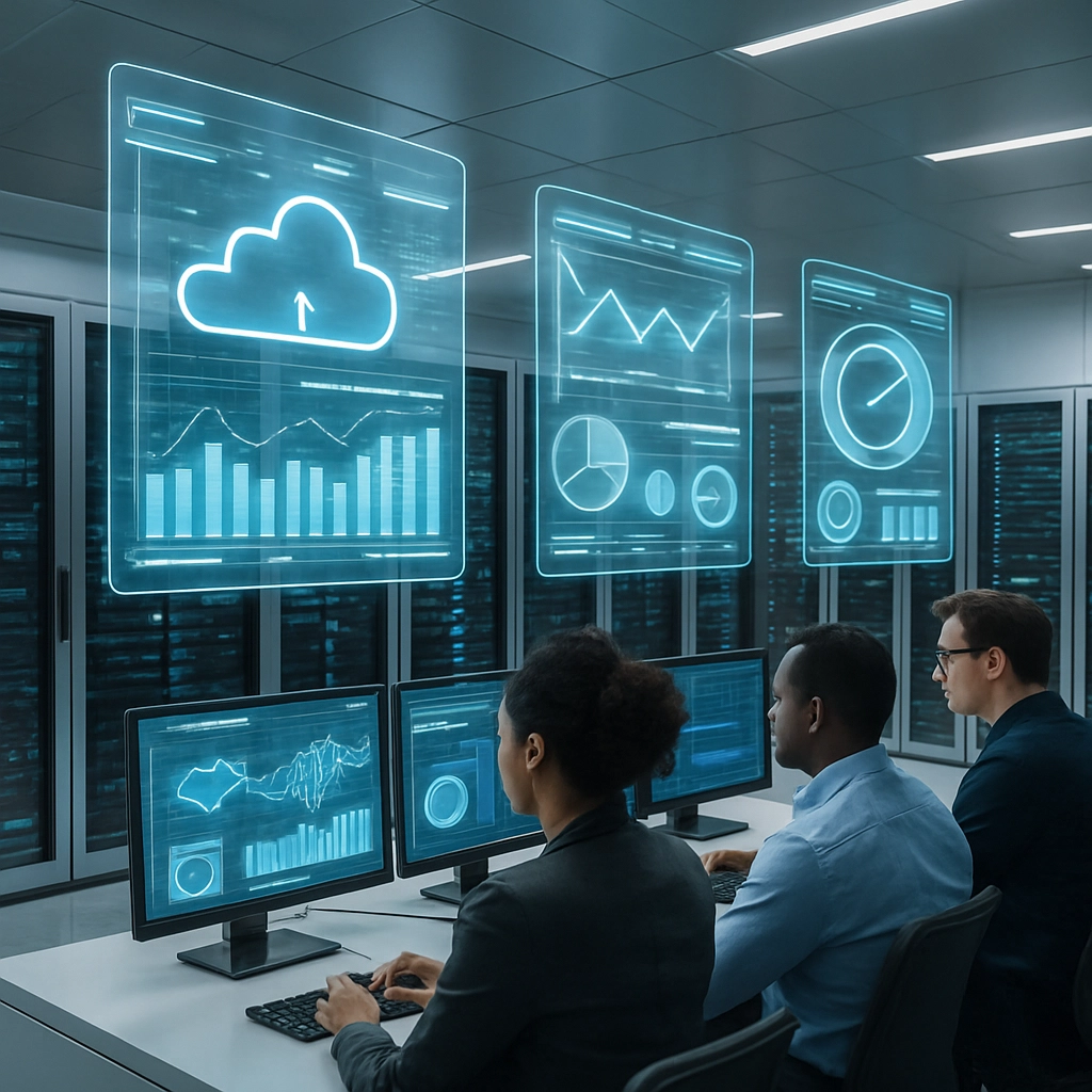 A photorealistic image of a futuristic server room with glowing holographic screens showing real-time data on cloud performance, cost metrics, and system health. The room has a clean, high-tech aesthetic with white and silver surfaces, and the screens are floating in the air without physical support. A diverse group of engineers is monitoring the data from a central command console at the front. The lighting is cool and futuristic, with a sense of advanced automation and intelligence. No text, letters, or words are present in the image.