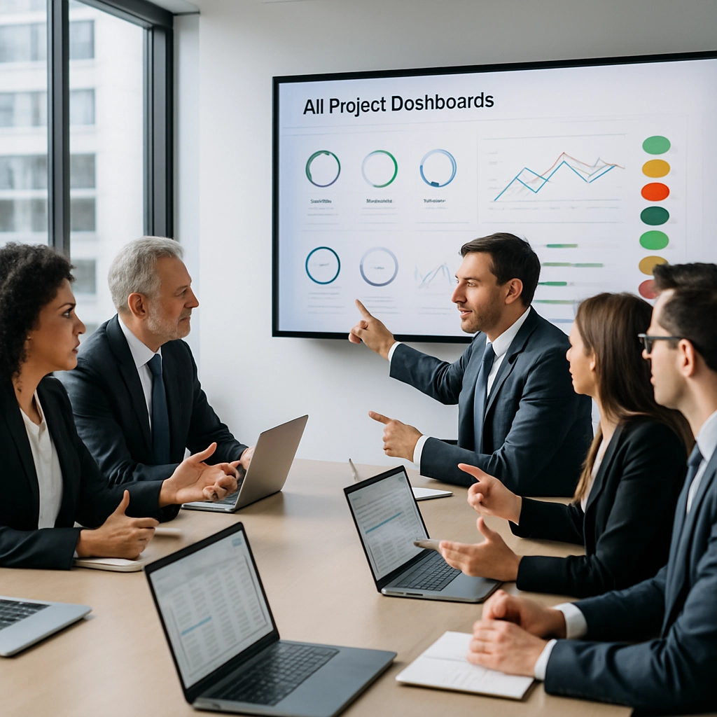 A photorealistic image of an executive team in a modern boardroom looking at a large screen displaying AI project dashboards with key performance indicators, cost graphs, and a red-amber-green status column. The room is bright with natural light, people are pointing and discussing, laptops with spreadsheets in front of them. No text, letters, or words visible in the image.