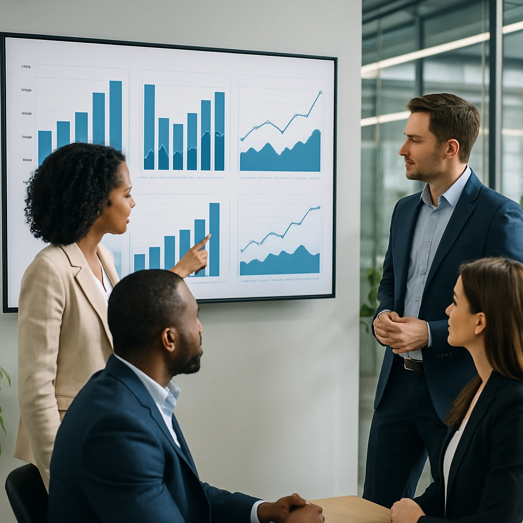 A photorealistic image of a finance team in a modern office, analyzing a dashboard on a large screen showing cost-per-experiment, budget burn rates, and revenue impact graphs with bar charts and line charts. The team is diverse, with a mix of men and women in business attire, one pointing at a specific metric. The office is bright with glass walls and plants. No text, letters, or numbers visible in the image.