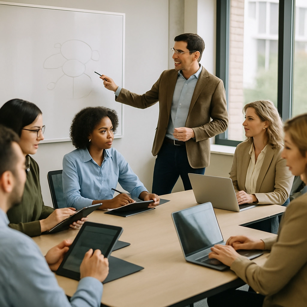 A photorealistic image of an office training room where a diverse group of employees, including data scientists, managers, and HR representatives, are attending a workshop on AI ethics and governance. A facilitator is pointing to a diagram on a whiteboard (with no readable text), while participants are taking notes on tablets and laptops. Natural lighting, engaged expressions, modern office furniture. No text, letters, or numbers visible.
