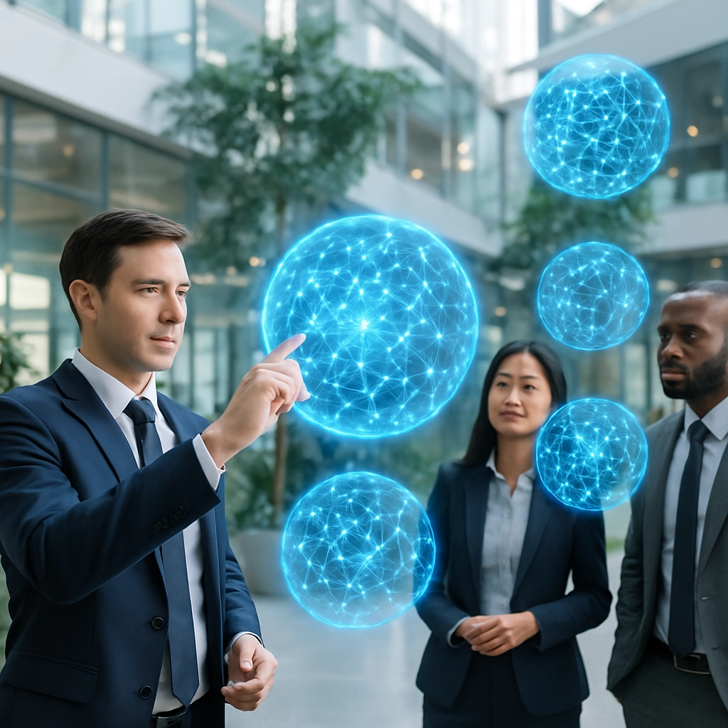A photorealistic image of a futuristic, yet realistic, corporate environment where holographic projections of various AI models are shown as floating spheres with connections, and a diverse team of professionals in business attire are collaborating with them, with one person touching the hologram to adjust parameters. The scene is set in a bright, airy atrium with plants, and the overall mood is optimistic and innovative. No text, letters, or numbers visible.