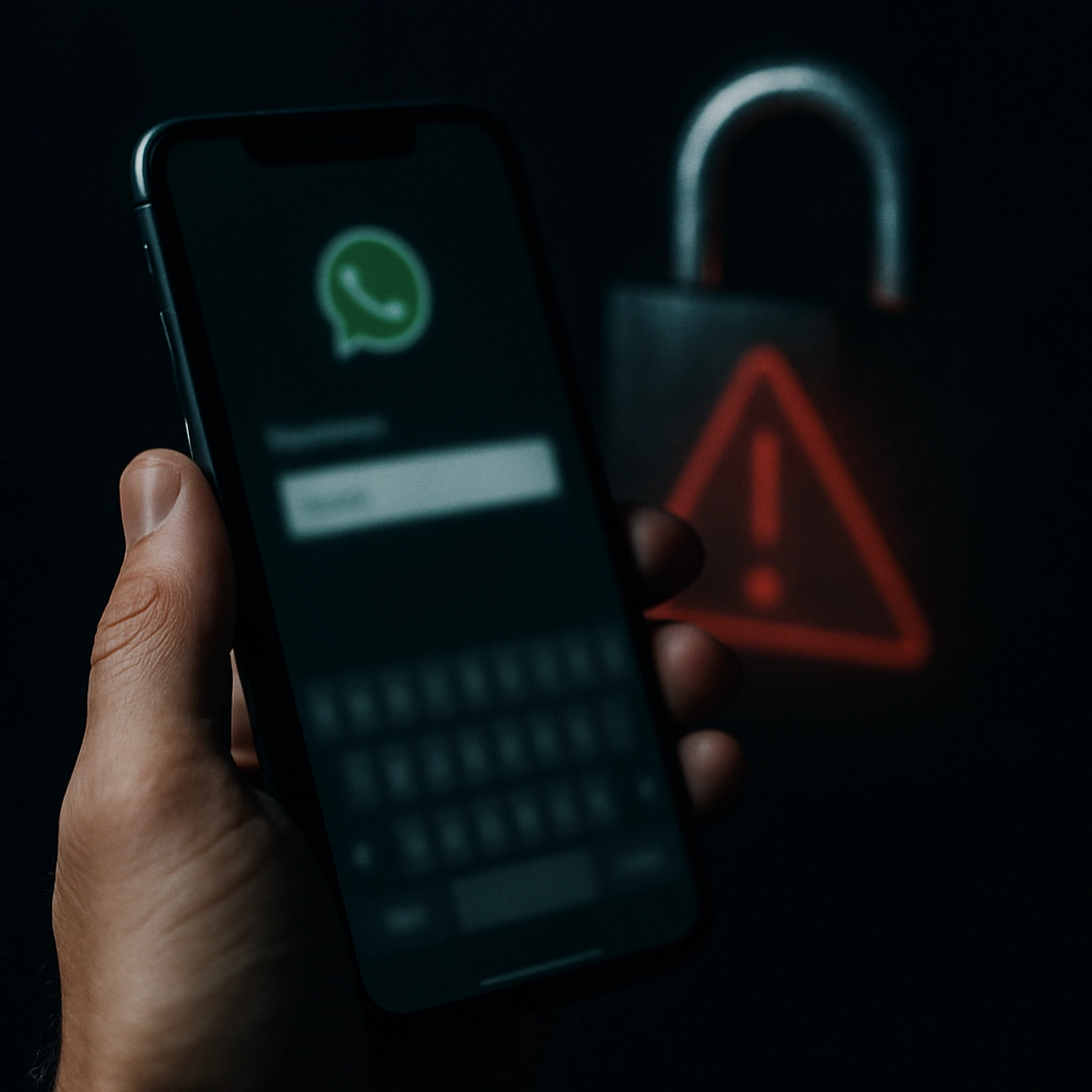 A realistic, high-quality image of a person’s hand holding a smartphone, with a close-up on the screen showing a blurred WhatsApp username setup page, while in the background a digital padlock is half-open, symbolizing vulnerability, and a faint red warning triangle is visible. The lighting is moody, with dramatic shadows, and the image must be generated WITHOUT ANY TEXT, LETTERS, OR WORDS.