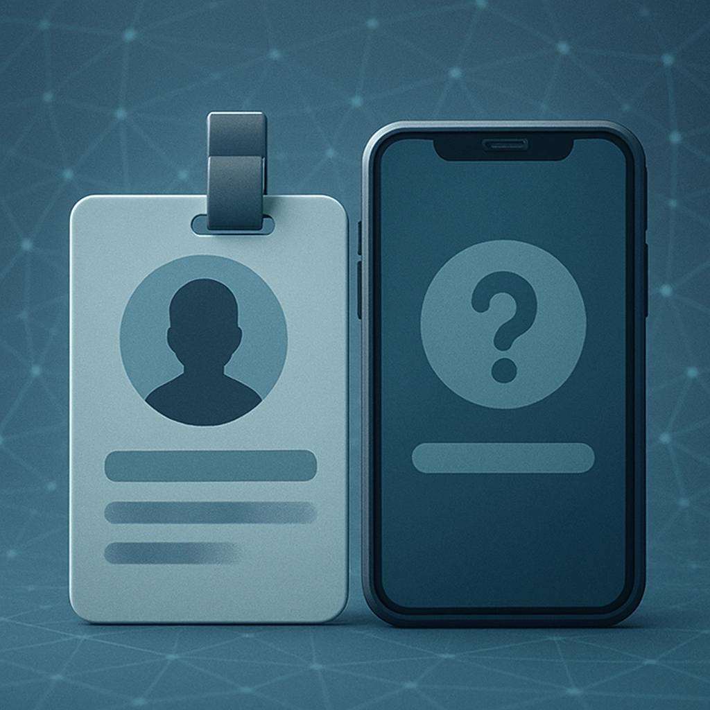 A stylized, realistic 3D illustration of a ID card and a smartphone side by side, with the card having a blurred strip on it, and the smartphone screen displaying a username with a question mark icon. The background is a digital network grid with small nodes, representing the internet, and the image is muted in blue and gray tones. The image must be generated WITHOUT ANY TEXT, LETTERS, OR WORDS.