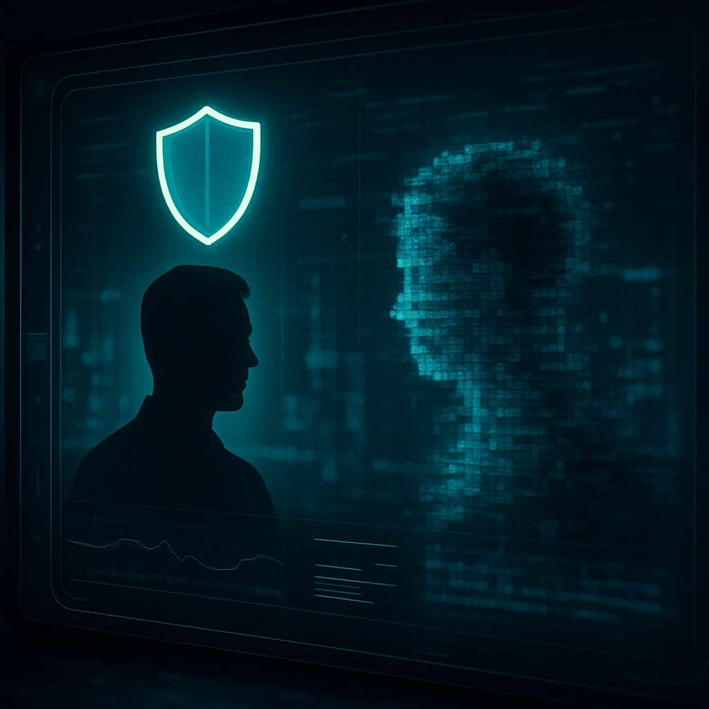 A realistic, high-quality image of a futuristic digital interface in a dark room, showing two human silhouettes facing each other, but the one on the right is slightly distorted and pixelated, indicating a fake identity. A glowing green shield is floating above the left silhouette, symbolizing protection. The background is a blurred cityscape with data streams, and the overall color palette is dark blue and teal. The image must be generated WITHOUT ANY TEXT, LETTERS, OR WORDS.