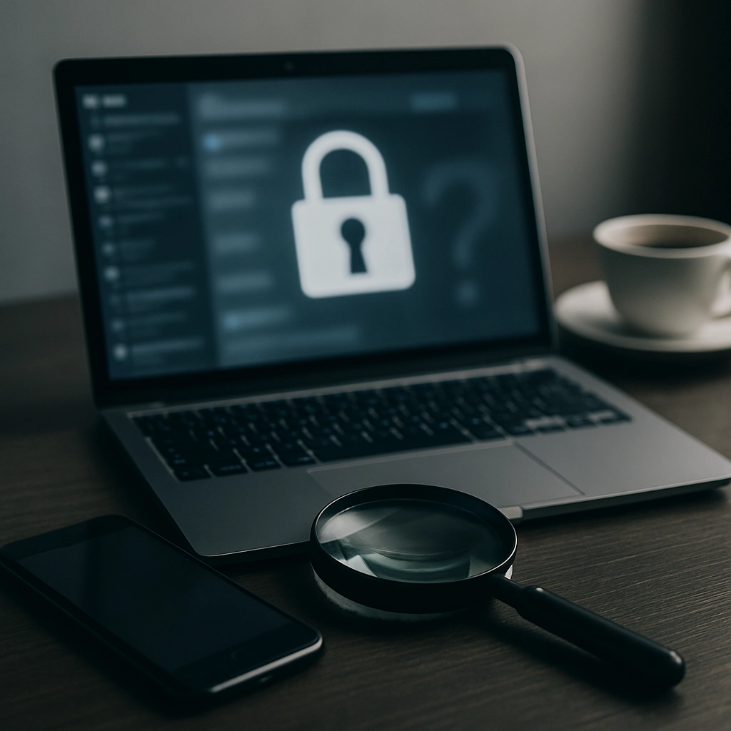 A photorealistic image of a modern office desk with a laptop, a smartphone, and a cup of coffee. On the laptop screen, there is a blurred chat application with a padlock icon and a question mark. A magnifying glass is partially visible over the smartphone screen, symbolizing scrutiny. The overall tone is professional and serious, with soft lighting and a shallow depth of field. The image must be generated WITHOUT ANY TEXT, LETTERS, OR WORDS.