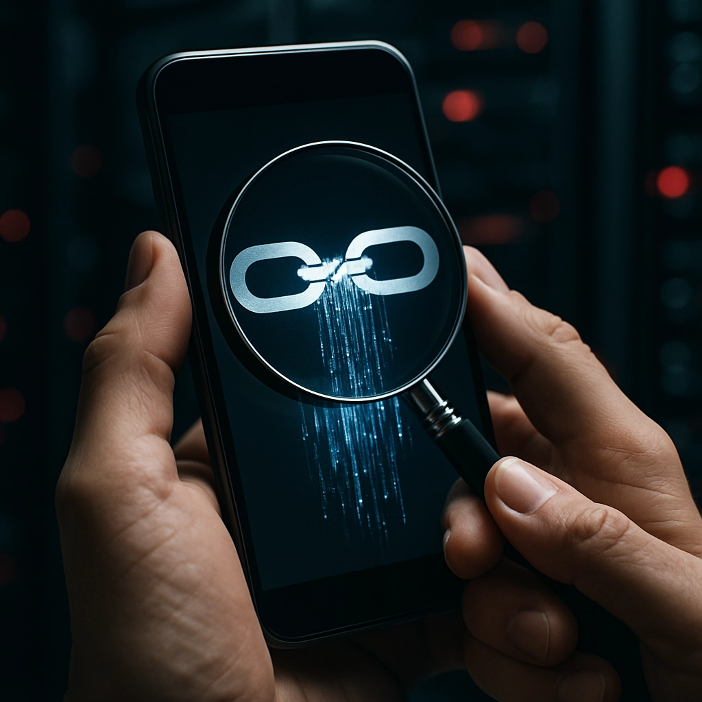 A photorealistic image of a person's hand holding a smartphone, with a magnifying glass over the screen highlighting a chain link that is broken, leaking digital data streams. The background is a dark, blurred server room with glowing red lights. The image must convey a sense of vulnerability and data leakage but must be absolutely free of any text, letters, or numbers.