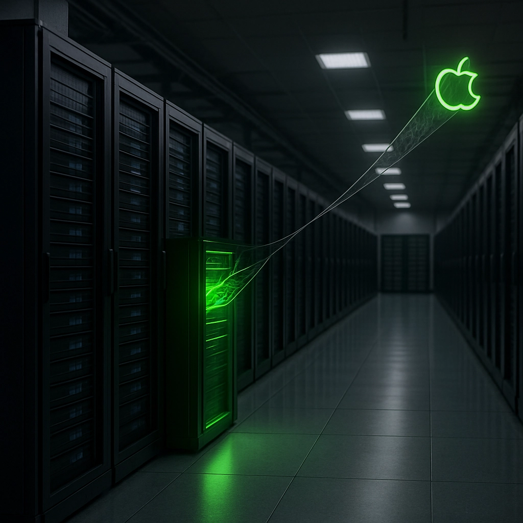 A realistic image of a large, corporate data center with row upon row of server racks, but one server is glowing with a neon green light, while a single strand of a spider web connects it to a small glowing apple logo floating in the air. The web represents the interconnected data flow and the flaw. The image should be evocative, focusing on the contrast between the pristine, clean servers and the subtle, yet dangerous, anomaly. Must contain no text or letters.