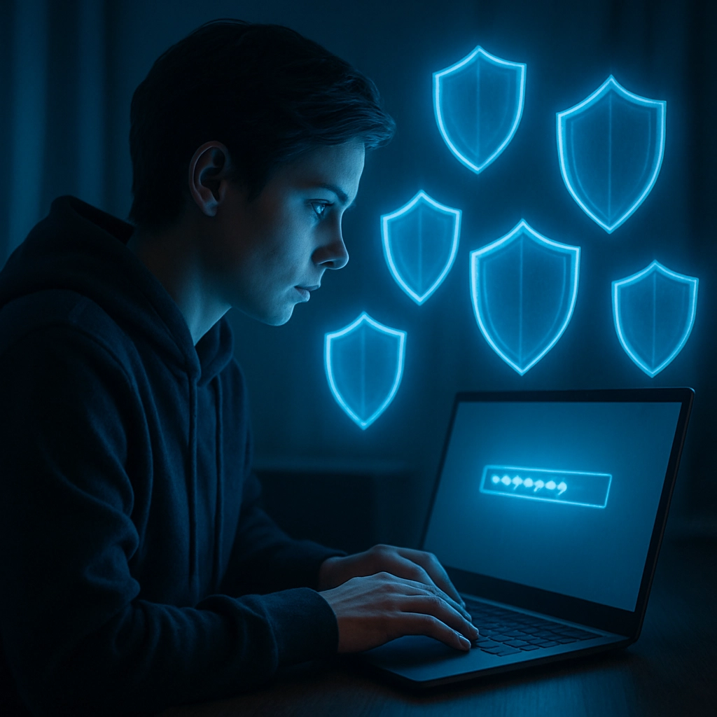 A photorealistic image of a person sitting at a desk, typing a strong password into a laptop, with a series of holographic shields hovering around their head, each shield representing a layer of security. The room is lit by a soft blue glow from the screens, and the overall mood is one of determination and control. No text, letters, or numbers are to be visible anywhere in the image.