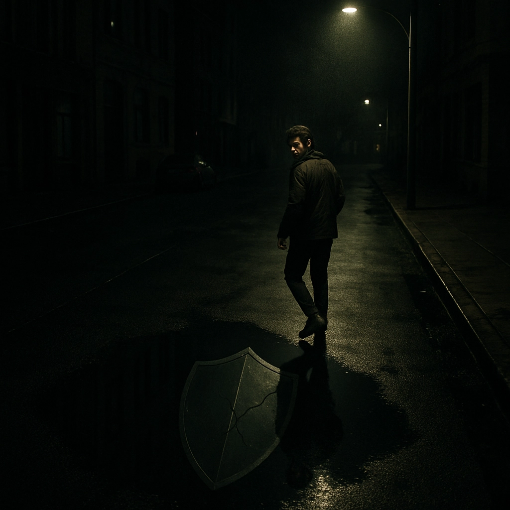 A realistic, high-angle photograph of a city street at night, with a single person walking under a dim streetlight, their reflection in a puddle showing a giant, translucent shield with a crack in it. The person is looking back over their shoulder, seemingly aware that their protection is flawed. The scene is moody and cinematic, with a focus on the interplay of light and shadow. The image must not include any text, letters, or words.