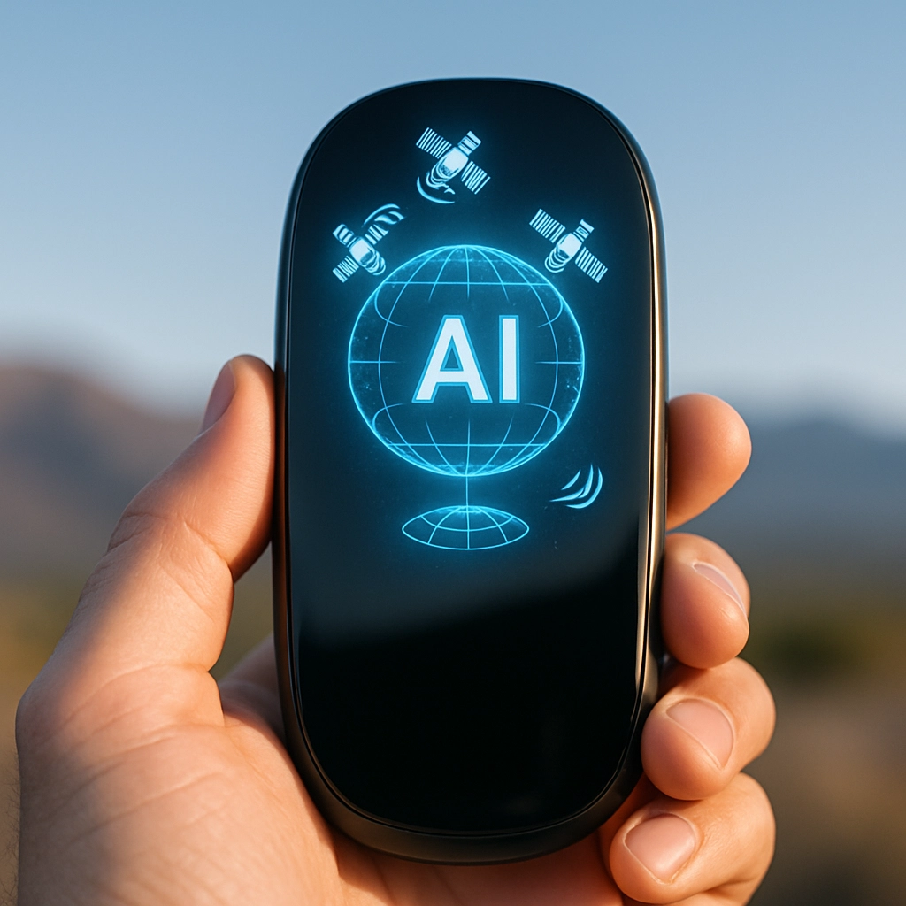 A realistic, close-up image of the SpaceX AI device prototype in a person's hand, showing its sleek design and a holographic AI interface displaying satellite connectivity icons. The background is a blurred outdoor scene with mountains and a clear sky, conveying global connectivity. No text, letters, or words in the image.