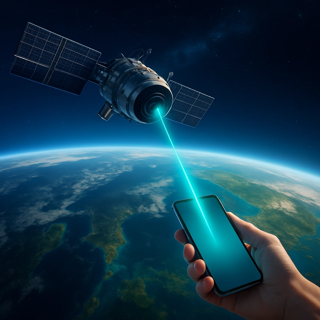 A realistic, high-tech image of a satellite in orbit above Earth, with a visible connection beam to a handheld device on the ground. The device emits a soft glow, and the scene is vibrant with blues and greens, symbolizing global connectivity. The image contains no text, letters, or words.