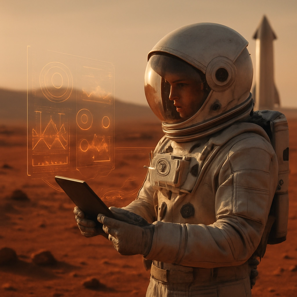 A realistic, cinematic image of an astronaut on the surface of Mars, holding a sleek device, with holographic AI graphics projecting data about the environment. In the background, a SpaceX Starship is visible on the horizon. The scene is warm, with red Martian soil and a pale sky, and no text, letters, or words.
