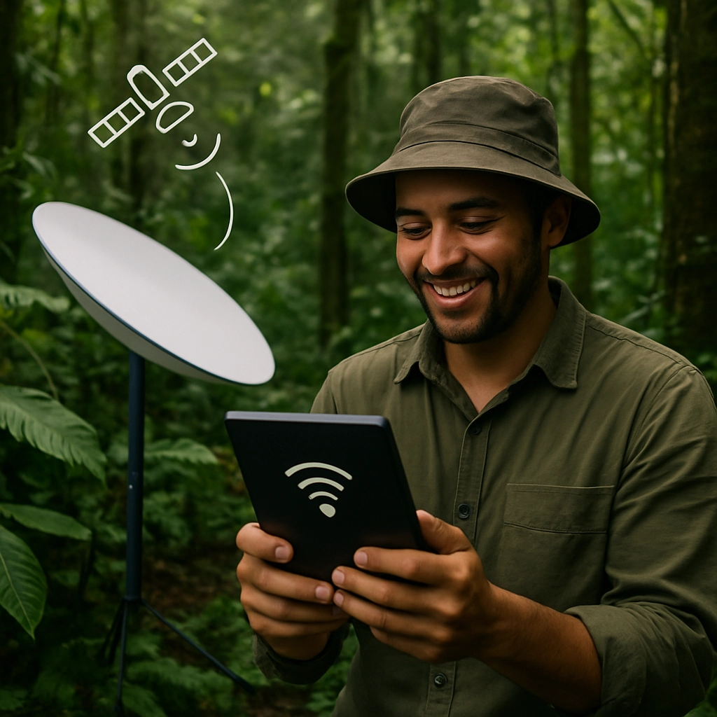 A realistic image of a person using the SpaceX device in a dense rainforest, with a satellite dish symbolizing a connection to a satellite in the sky. The person is smiling, and the device is showing a clear signal icon, but there is no text. The scene is lush and green, with natural lighting, and completely free of any text, letters, or words.