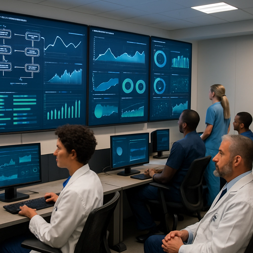 A realistic photo of a hospital command center with large screens displaying AI-driven patient flow charts and predictive analytics dashboards, medical staff monitoring the screens, modern and professional atmosphere, no text, letters, or words in the image