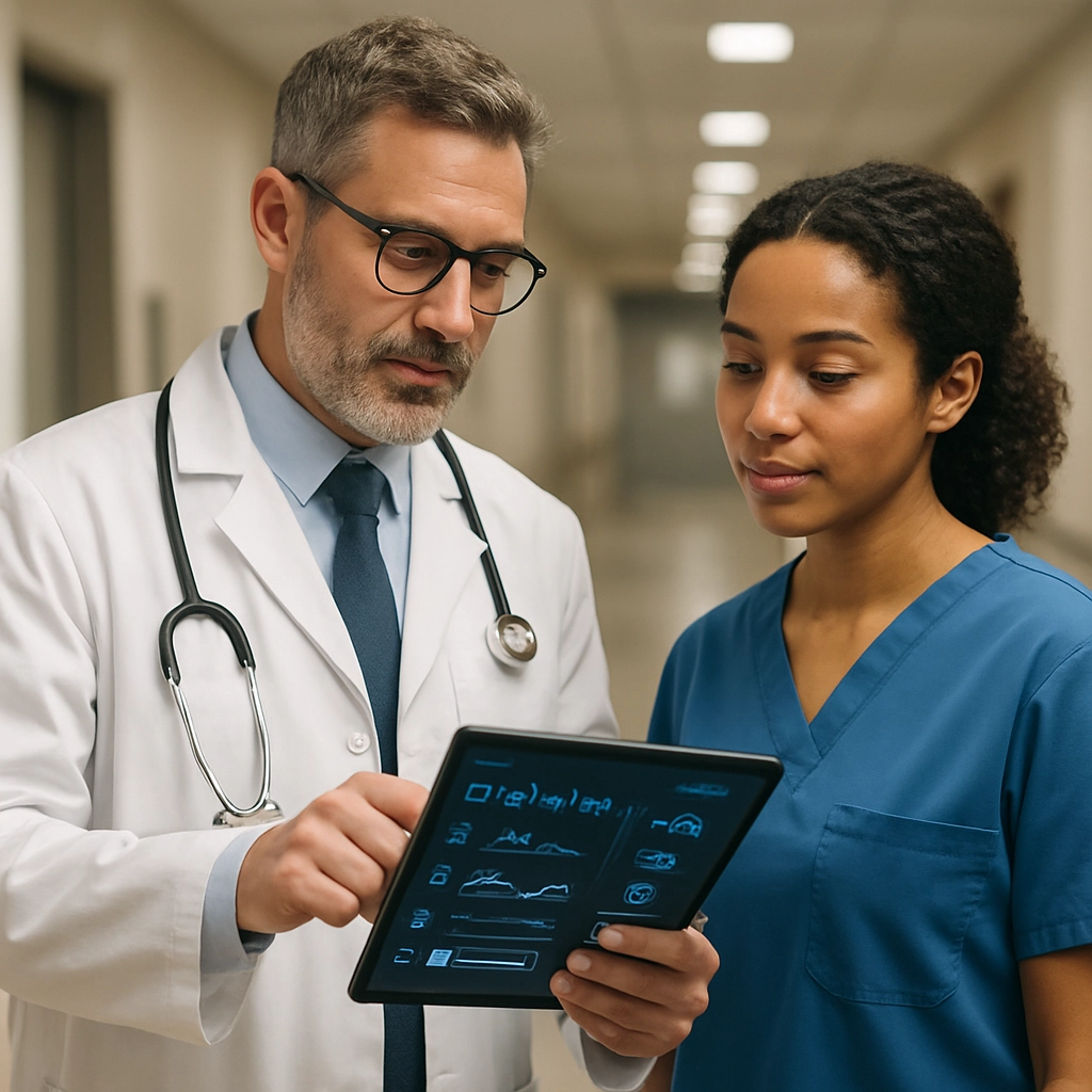A realistic image of a doctor holding a tablet displaying patient vital signs and personalized treatment recommendations generated by AI, with a nurse standing beside him in a hospital hallway, both appearing engaged and professional no text, no letters, no words in the image