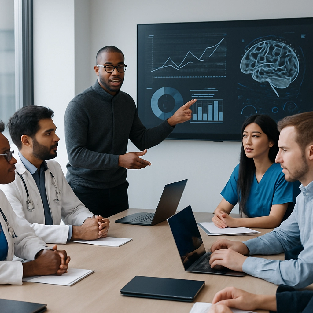 A photo of a diverse team of medical and IT professionals collaborating in a conference room, discussing data visualizations and AI-driven insights on a large screen, modern office setting, no text, no letters, no words in the image