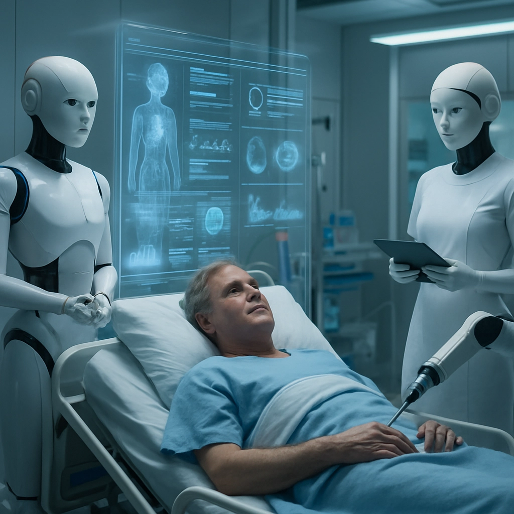 A futuristic hospital room of the future with a digital assistant and AI nurses guiding patient care, with holographic medical data displays and robotic arms performing precise tasks, high-tech yet caring atmosphere, no text, no letters, no words in the image