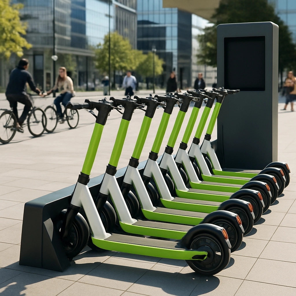 A photorealistic image showing a line of electric scooters neatly parked at a designated charging station in a modern city plaza, with cyclists and pedestrians passing by. The scooters are uniformly colored in lime green and white, and the station features a simple digital kiosk in the background. The lighting is bright daylight, and the image conveys order and operational efficiency. No text, letters, or words are present anywhere in the scene.