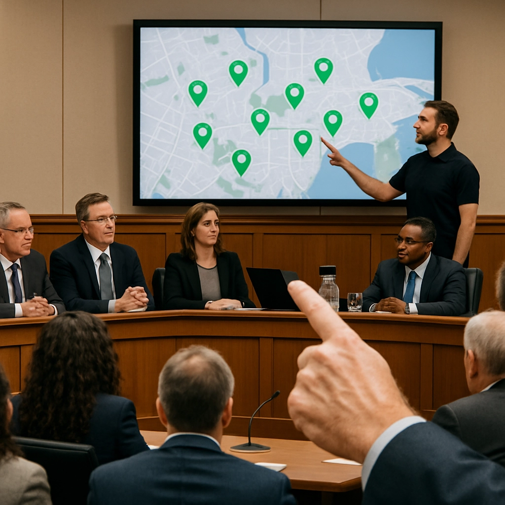 A high-quality photorealistic image of a city council meeting in progress, with a representative from Lime presenting a digital map of scooter usage zones on a large screen. The room is modern, with wooden tables and chairs, and attendees are listening attentively. The focus is on a hand pointing to a map with green markers, signifying cooperation, while no text, letters, or words appear on the screen or elsewhere in the image.