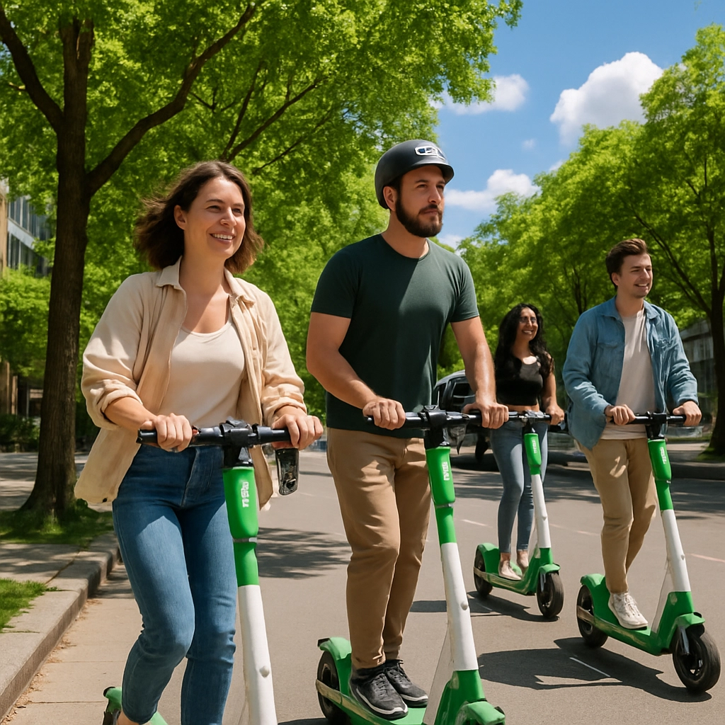 A photorealistic image of a vibrant city street with lush green trees along the sidewalk, where several people ride Lime electric scooters. In the background, a bus passes, and there is a clear blue sky with a few fluffy clouds. The image conveys a sense of eco-friendly urban living, with the scooters blending harmoniously into the green environment. The scene is sharp, colorful, and contains no text, letters, or words anywhere.