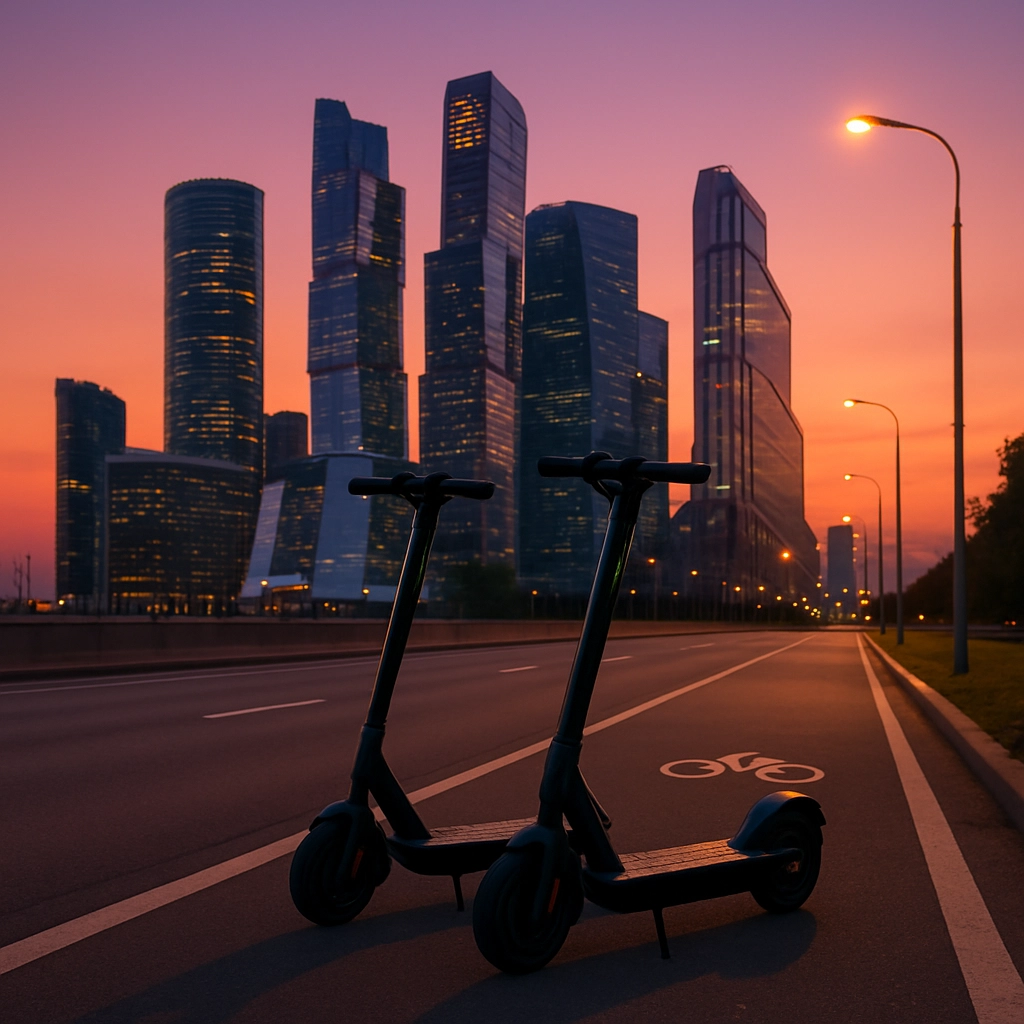 A photorealistic image of a futuristic city skyline at dusk, with electric scooters in the foreground on a dedicated bike lane, leading towards a modern financial district with glass towers. The sky is a gradient of orange and purple, and streetlights are just starting to illuminate. The image captures hope and opportunity, with no text, letters, or words present anywhere.