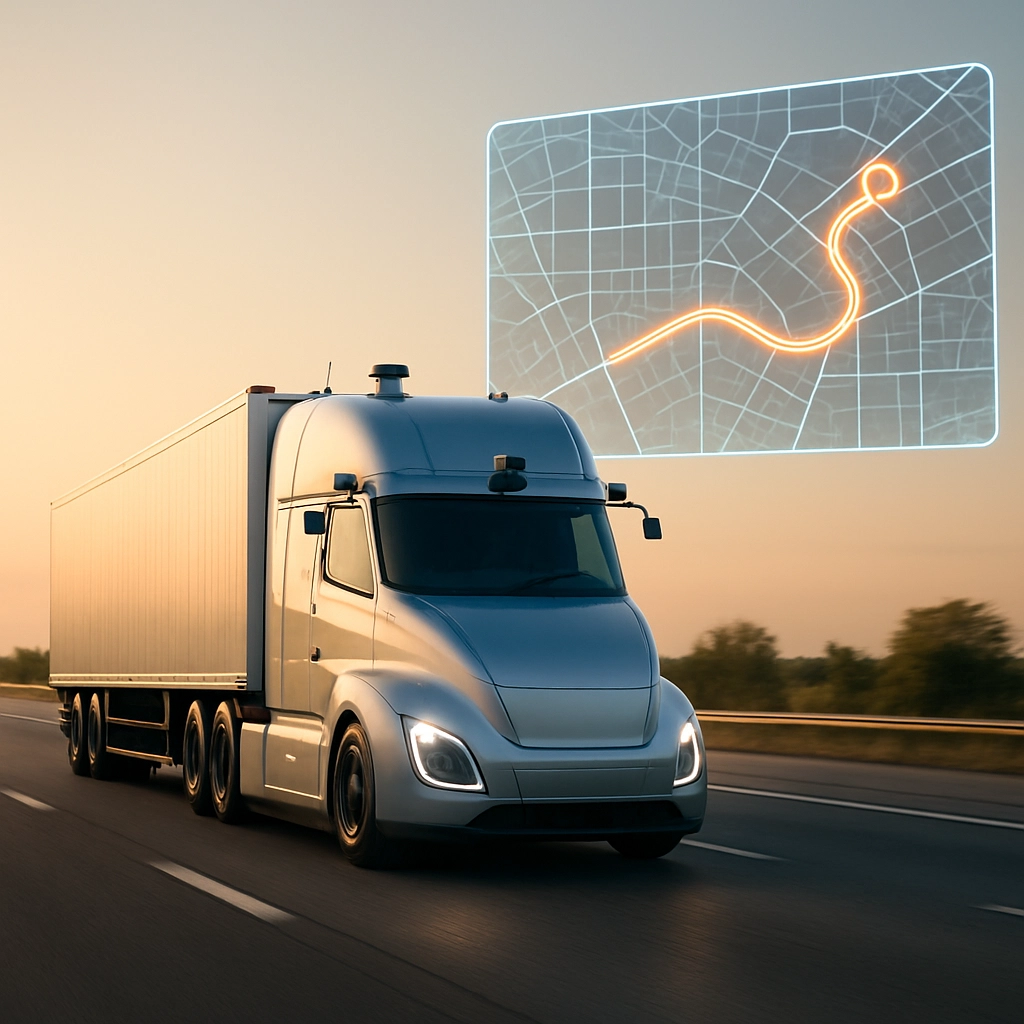 A hyper-realistic image of a futuristic autonomous semi-truck with multiple lidar sensors and cameras, driving on a clean highway during golden hour, with no visible driver in the cab, and a digital map overlay floating above the truck showing a glowing route, all under a clear sky. No text, letters, or words in the image.