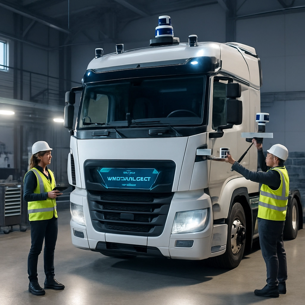 A high-detail image of an autonomous truck being retrofitted with sensor arrays in a modern workshop, with engineers in safety vests checking the system, the truck's cab showing a digital dashboard with a 'driverless mode' indicator, and the whole scene lit by bright work lights. No text, letters, or words in the image.