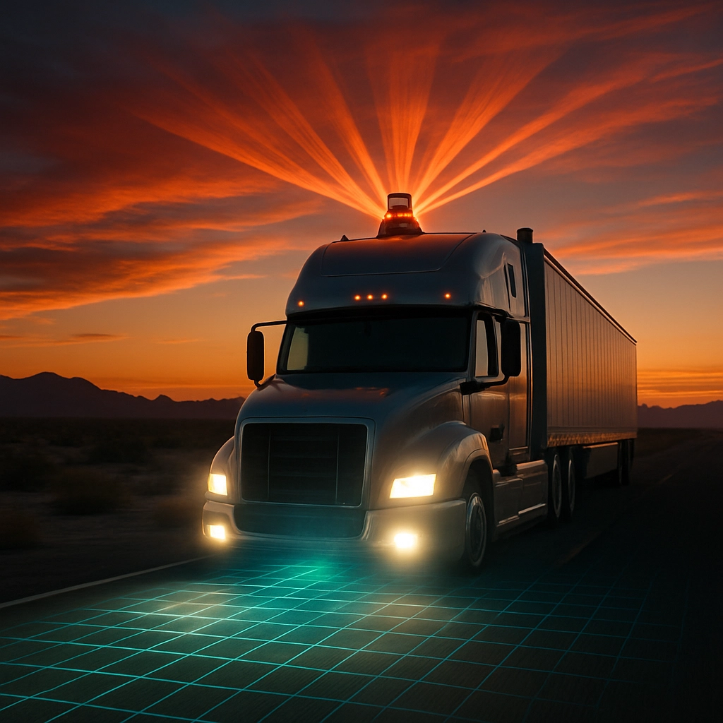 A dramatic image of an autonomous semi-truck driving through a desert landscape at sunset, with a clear view of the sensor stack on the roof emitting orange lidar beams, and the truck's headlights cutting through the twilight, while a faint holographic grid overlays the road ahead to represent AI perception. No text, letters, or words in the image.
