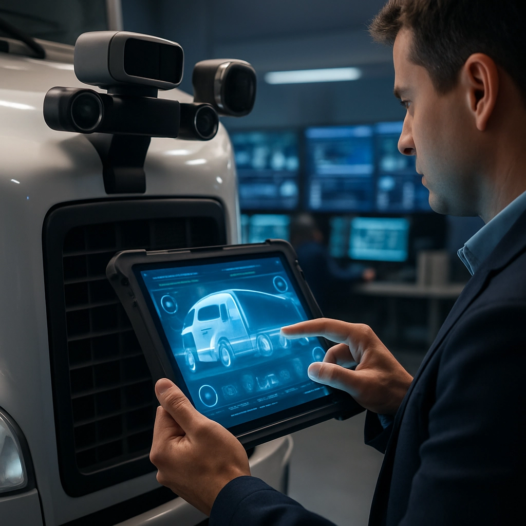 A close-up image of a semi-truck's sensor array and a technician using a rugged tablet with holographic diagnostics, set in a high-tech command center with multiple monitors showing real-time data streams, and the atmosphere is calm but focused. The image should have a professional, corporate feel, with no text, letters, or words.