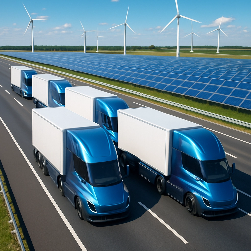 A futuristic image of a fleet of autonomous electric semi-trucks driving in a tight platoon on a multi-lane highway, with a rooftop view showing their synchronized movements, and in the background, wind turbines and solar panels line the road, symbolizing sustainability. The colors are vivid, and the image conveys a sense of harmony between technology and nature. No text, letters, or words.