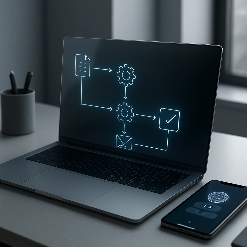 A photorealistic image of a modern office desk with a MacBook, a smartphone showing an AI assistant interface, and a holographic display showing a workflow diagram of automated tasks, with no text or words anywhere, high detail, professional lighting, and a clean aesthetic