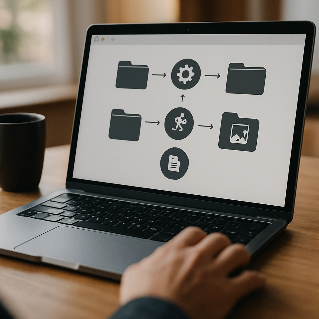 A photorealistic image of a MacBook screen showing a file management automation interface with folders and icons, but no words or text, set on a wooden desk with a coffee mug, natural lighting, and a focused user’s hand on a trackpad, high-quality realistic rendering