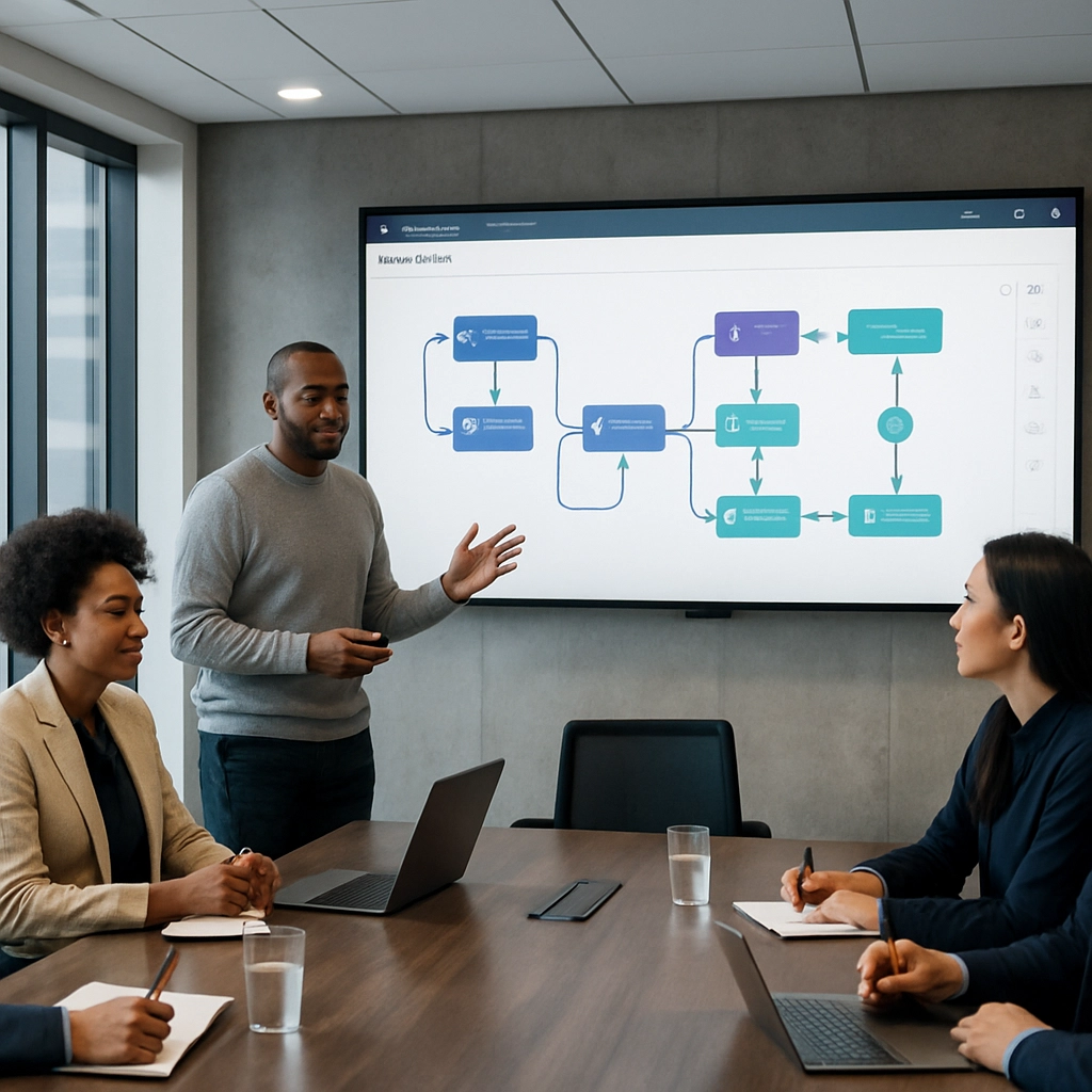 A photorealistic image of a modern business meeting room with a large screen showing a dashboard of automated workflows and a diverse team collaborating, but no text or words on the screen or in the room, bright office lighting, high-resolution, realistic ambiance